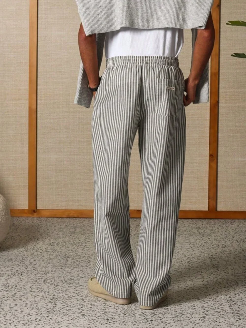Grey Striped Men's Loose Elastic Waist Straight Lounge Pants